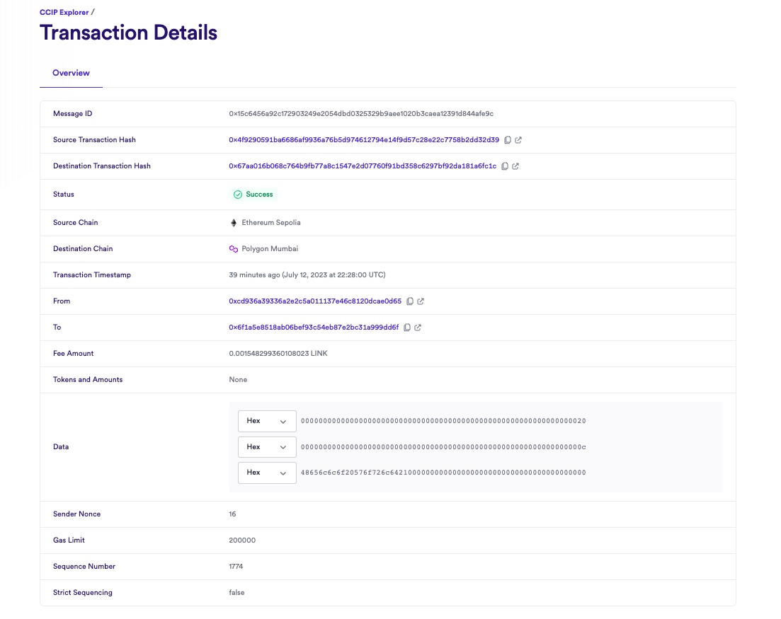 Chainlink CCIP Explorer transaction details success